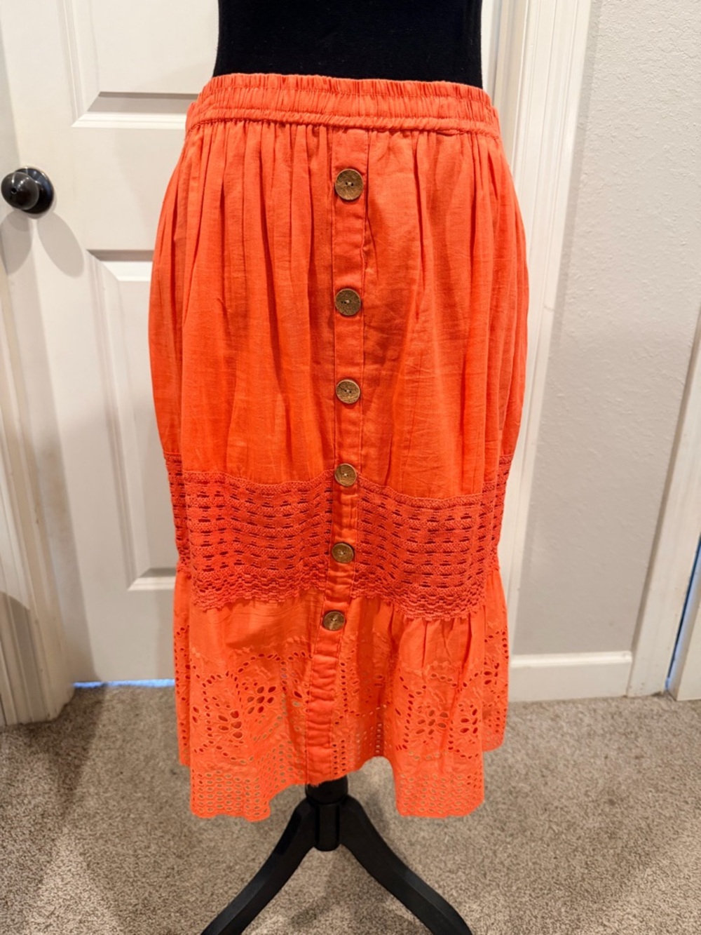 Women’s Coral Midi Skirt with Wooden Buttons Cotton Summer Skirt